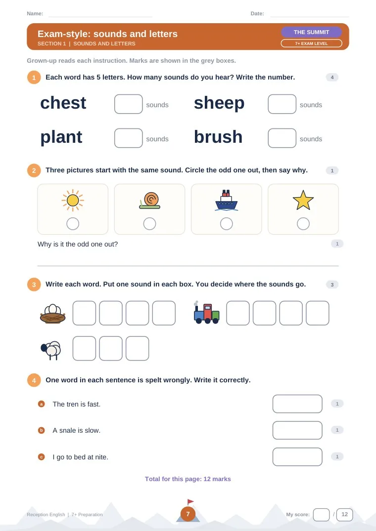 Page 7: Exam-style sounds and letters, at The Summit, the 7+ exam level. Count the sounds in words, find the odd one out, put one sound in each box and correct spelling mistakes, with the marks shown for each question.