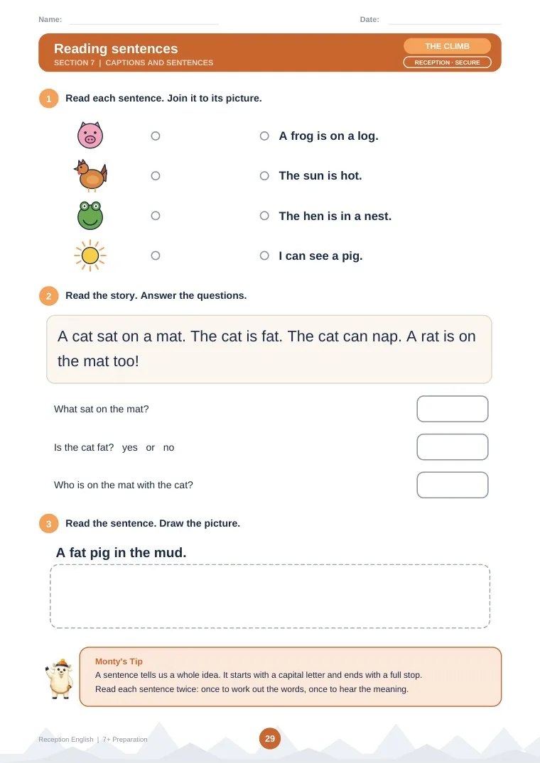 Page 29: Reading sentences, at The Climb. Join each sentence to its picture, read a short story and answer questions, then read a sentence and draw the picture.