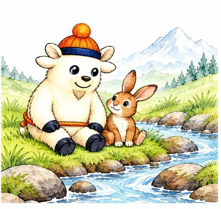 Monty and the rabbit sit by the stream